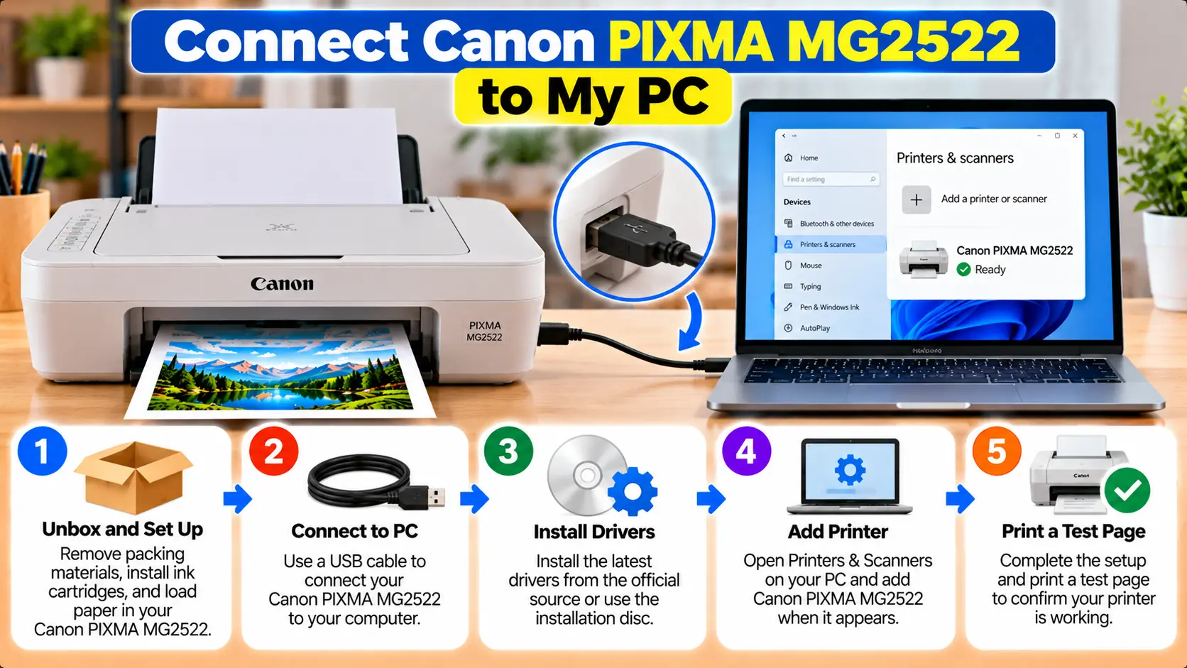 Connect Canon PIXMA MG2522 printer to PC