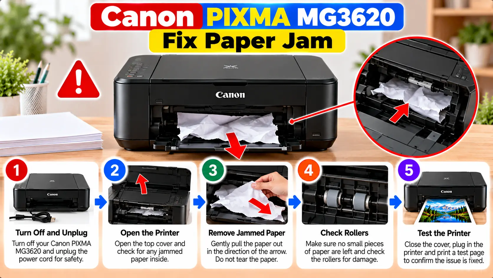 Canon PIXMA MG3620 paper jam troubleshooting