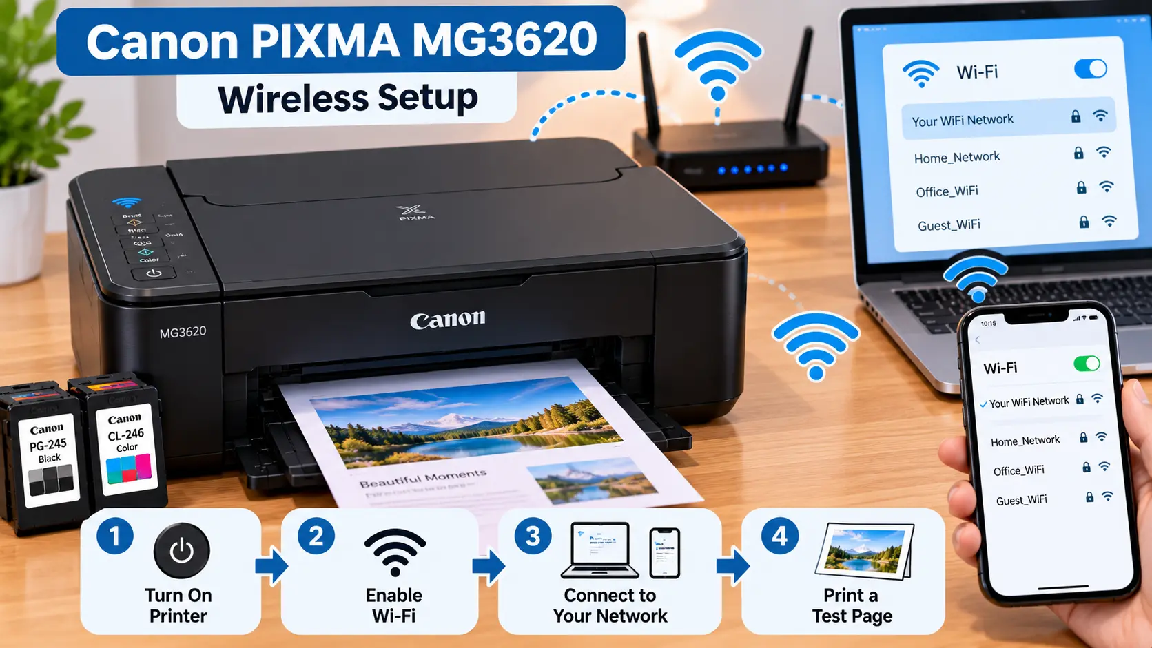 Canon PIXMA MG3620 wireless setup with WiFi