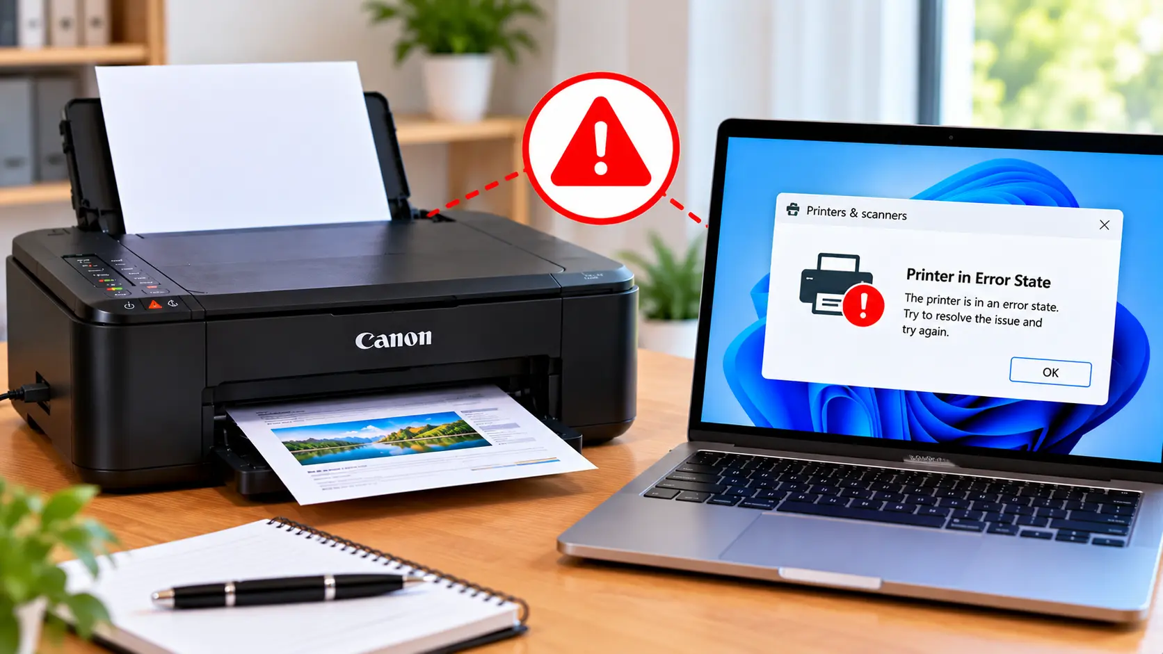 Canon printer in error state on a computer