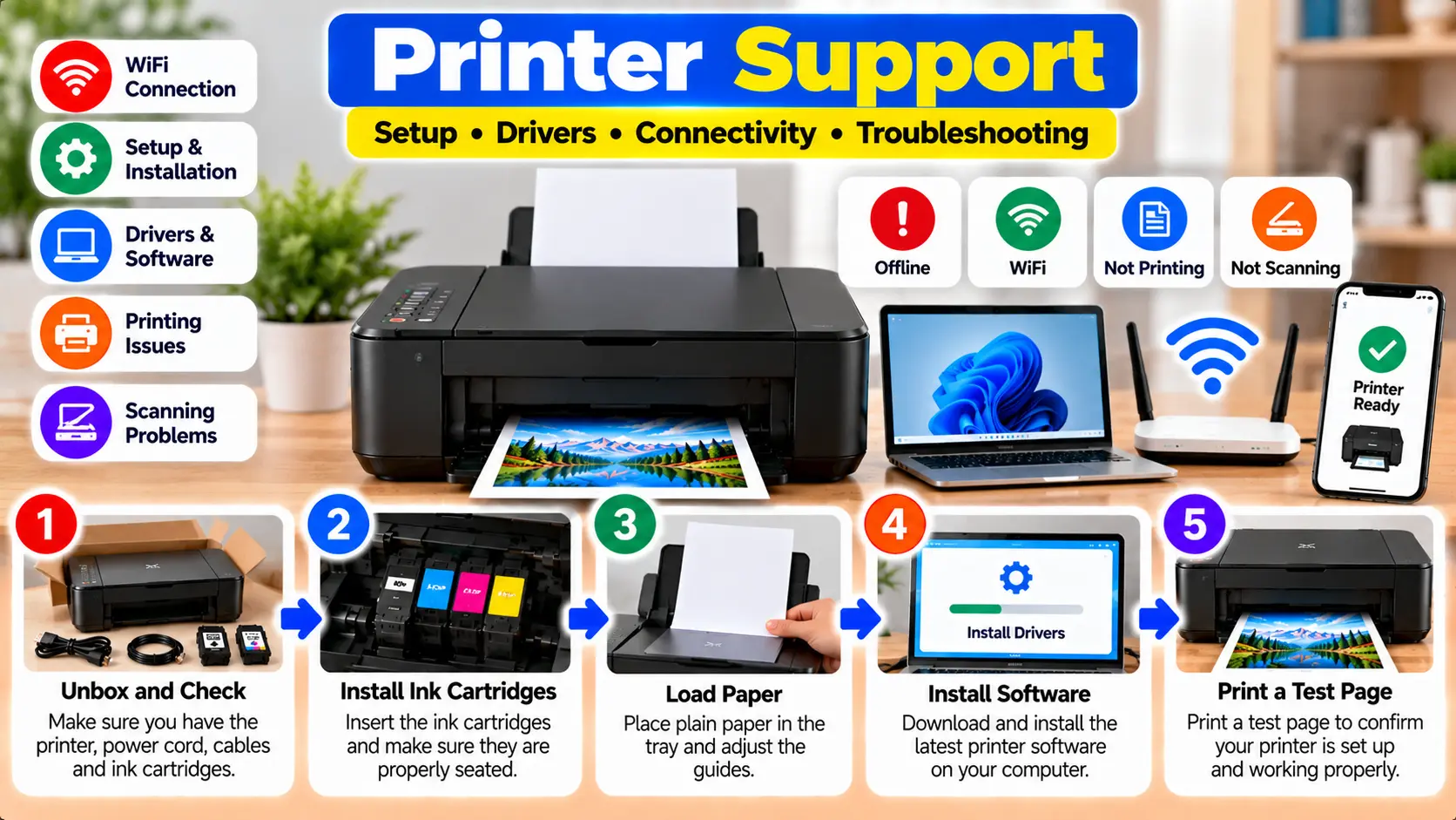 Printer support for setup connectivity and printing problems
